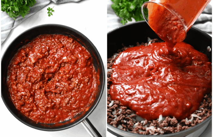 adding marinara to meat