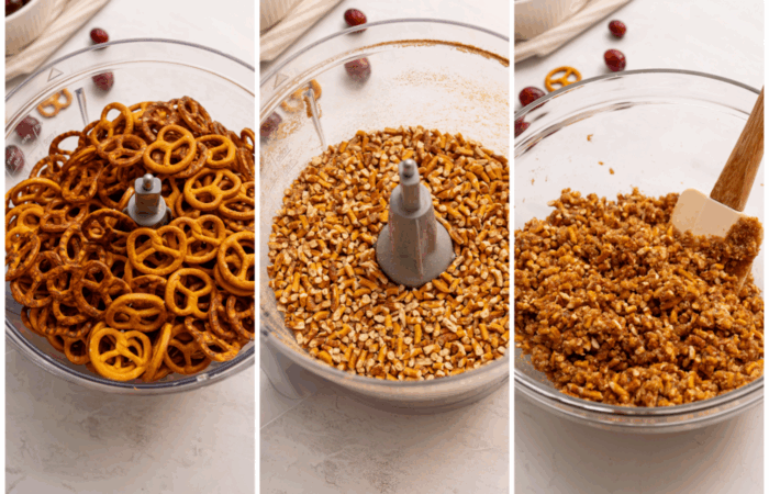 grinding up pretzels for a crust