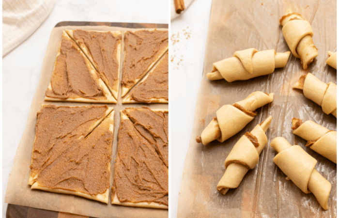 spreading and rolling cinnamon rolls