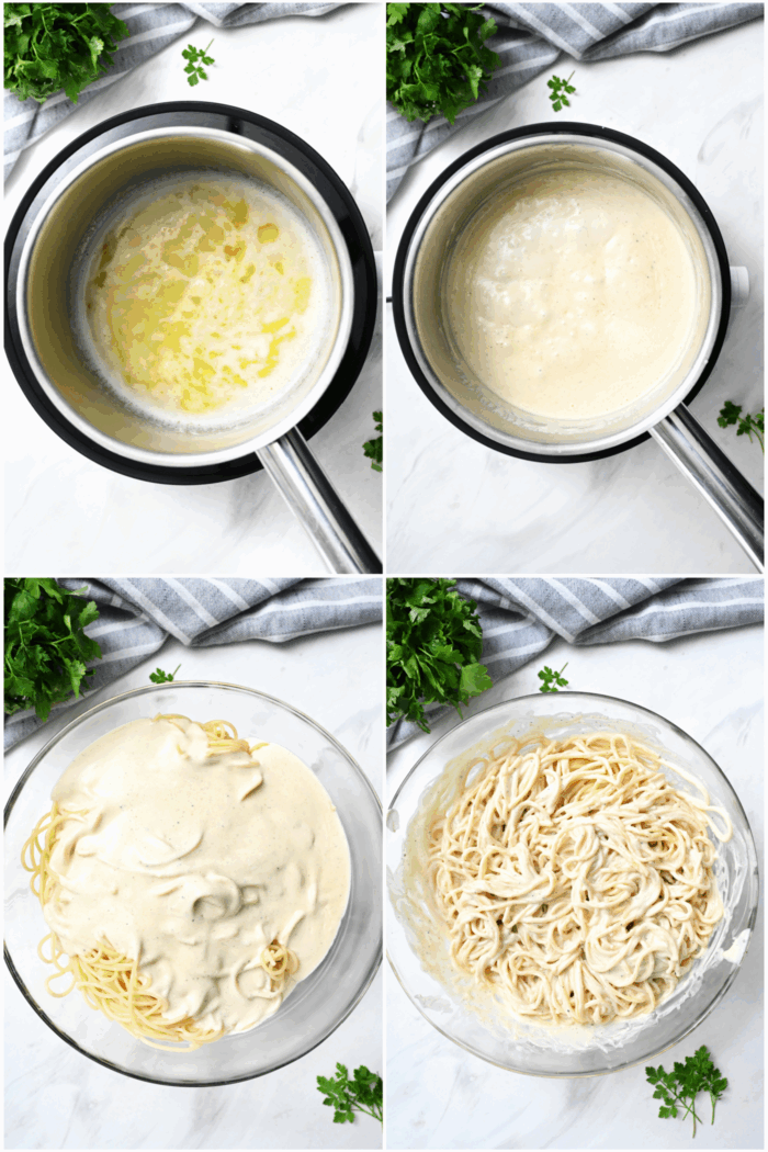 cooking white sauce and adding to pasta