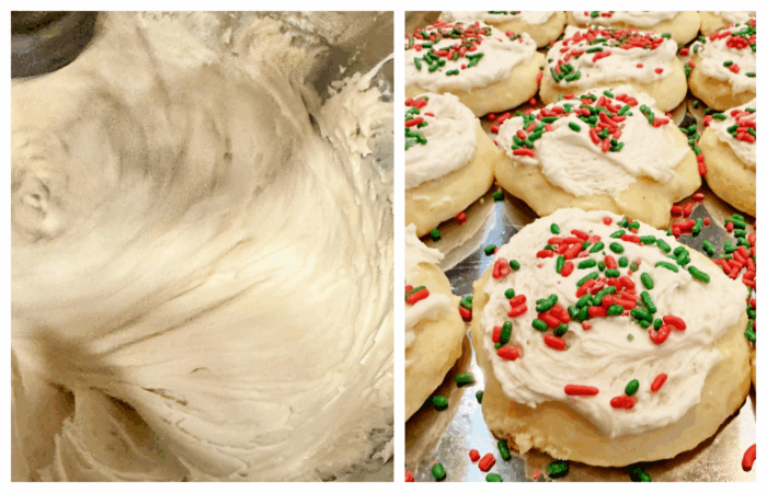 whisking the frosting and frosted cookies