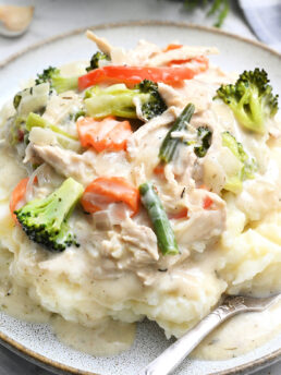 chix pot pie on potatoes