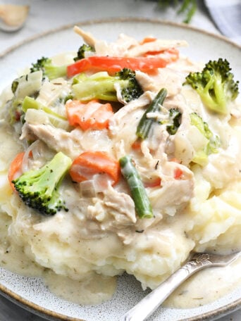 chix pot pie on potatoes