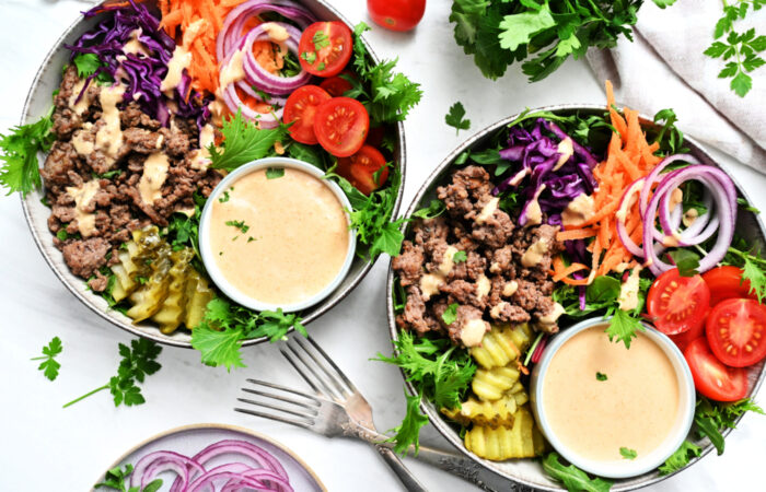 2 beef burger salad bowls