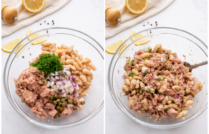 adding ingredients to white beans salad with tuna
