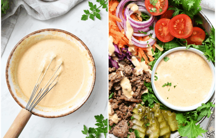 making sauce for a burger bowl