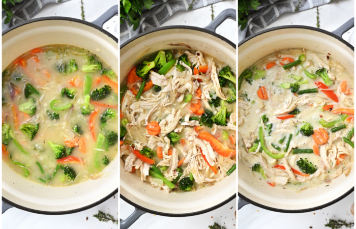 adding broth and cream to chicken