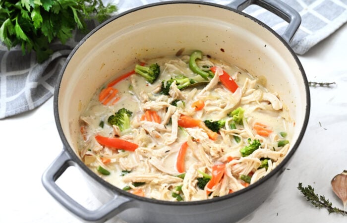 pot of chicken and veggies