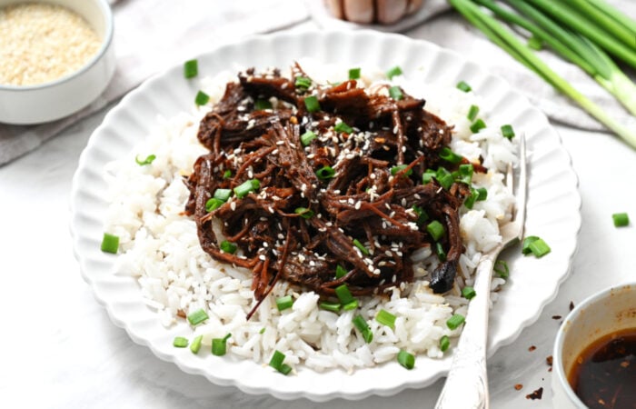 a serving of xDutch Oven Pot Roast with white rice
