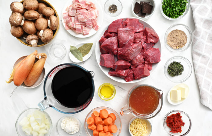 ingredients to make Beef Bourguignon (French Red-Wine Beef Stew)