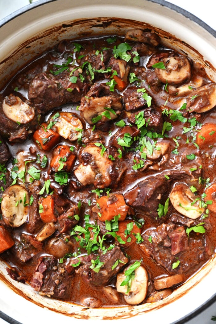 a dutch oven with beef stew