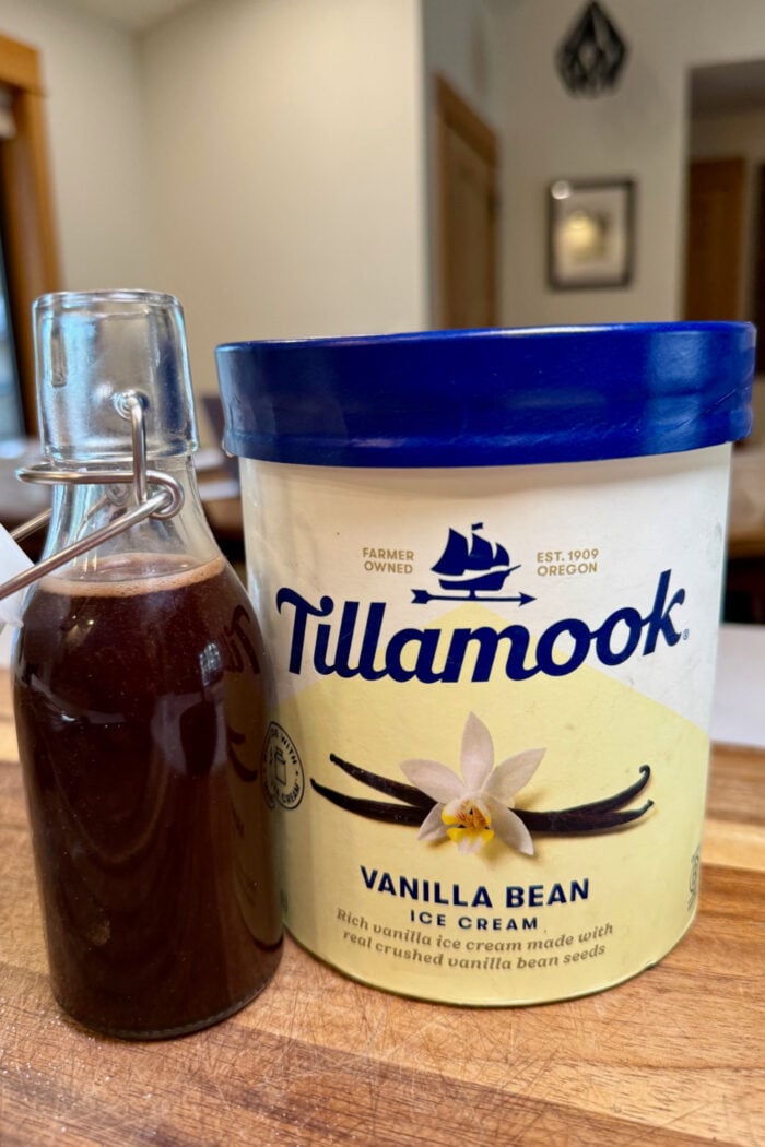 homemade chocolate sauce and vanilla ice cream