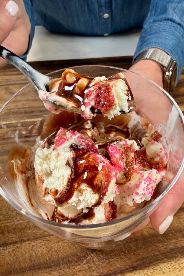 a bite of chocolate and ice cream