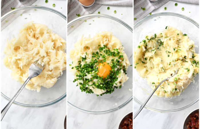 adding eggs to grated and mashed potatoes