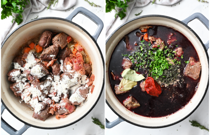 adding flour to make a gravy for stew