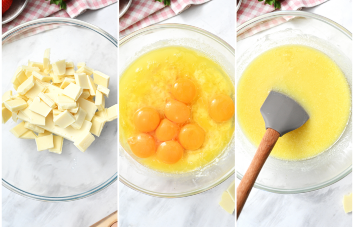 adding chocolate with eggs