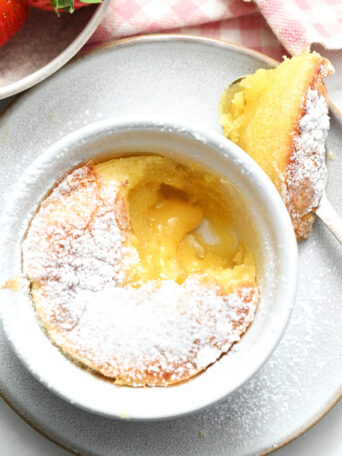 a spoonful of warm White Chocolate Molten Lava Cake