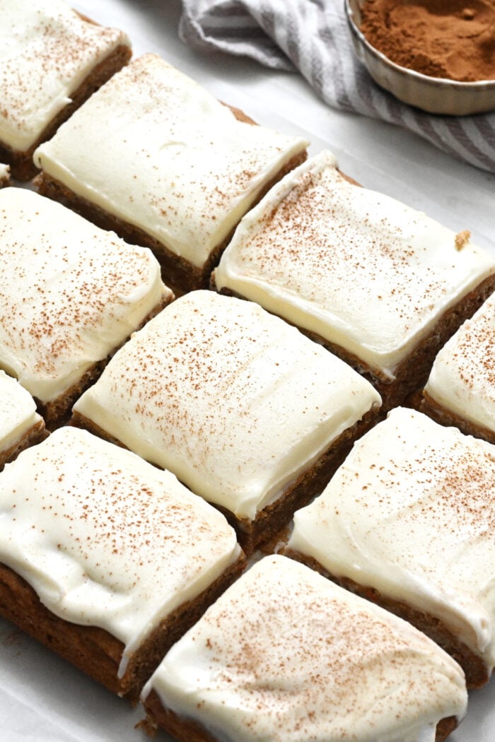 Carrot Cake Bars (with Cream Cheese Frosting) cut into squares