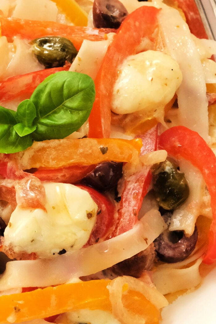 hot, cheesy Italian Drunken Noodles