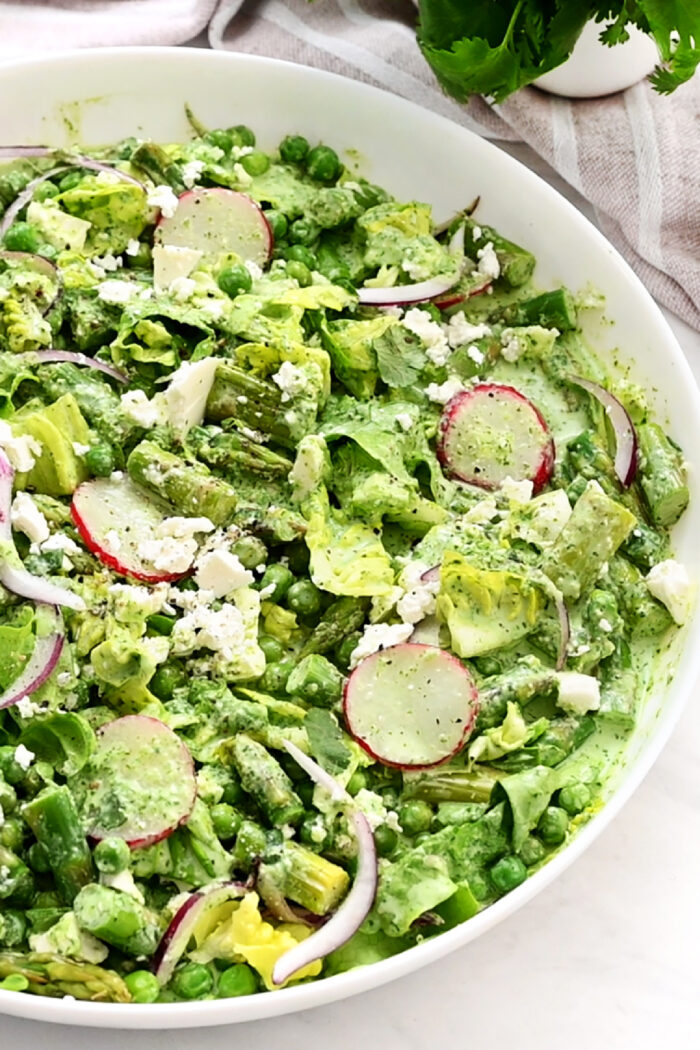 Pea and Asparagus Salad with radish and dressing