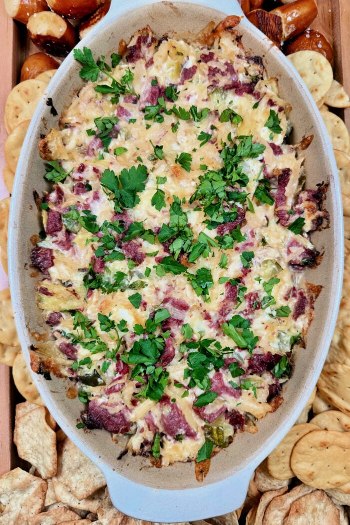 just pulled from the oven = hot Reuben Dip