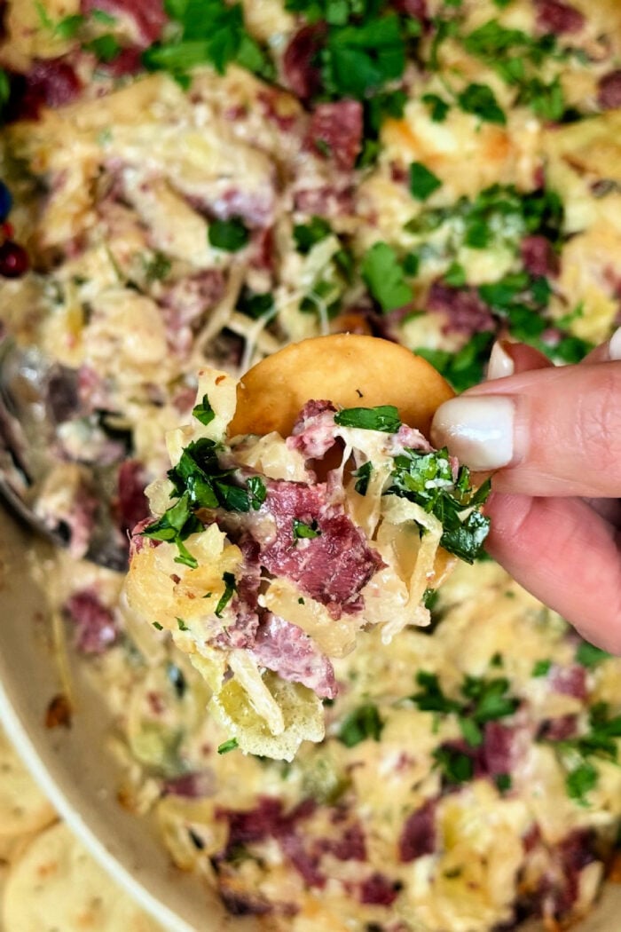 a bite of Reuben Dip