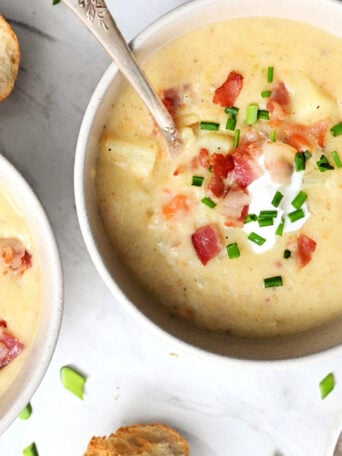 a bowl of Irish soup with potatoes