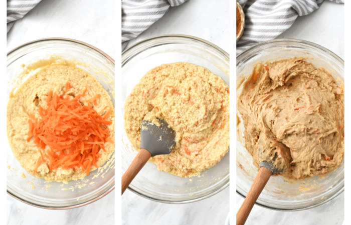 adding grated carrots to batter