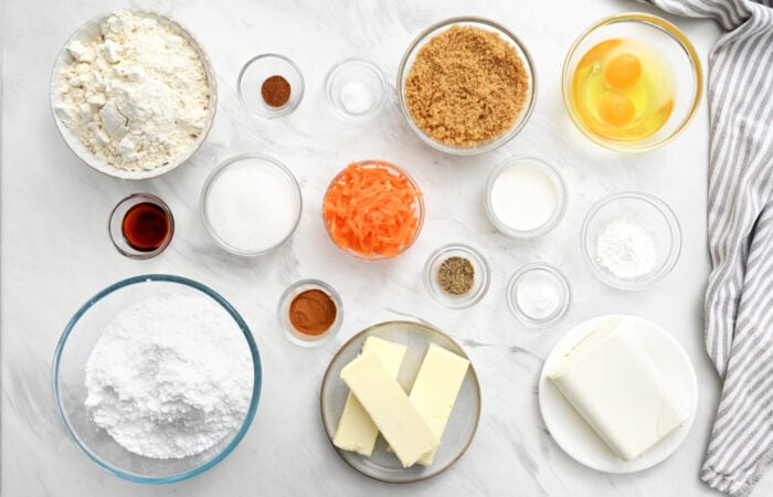 ingredients to make Carrot Cake Bars (with Cream Cheese Frosting)