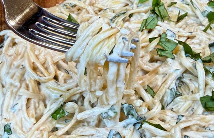 fork bite of Boursin Cream Sauce with pasta