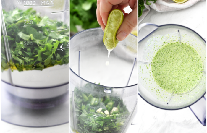 making a dressing with herbs and adding lime