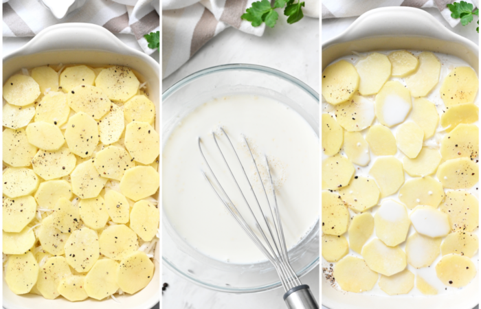 adding cream to sliced potatoes