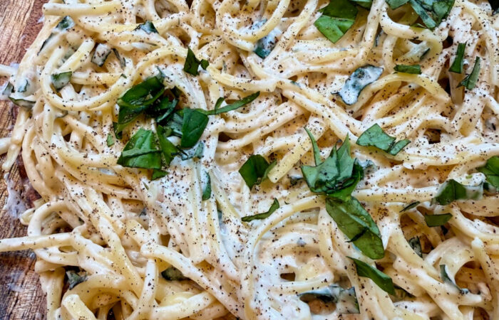 creamy bite of Boursin Cream Sauce with pasta