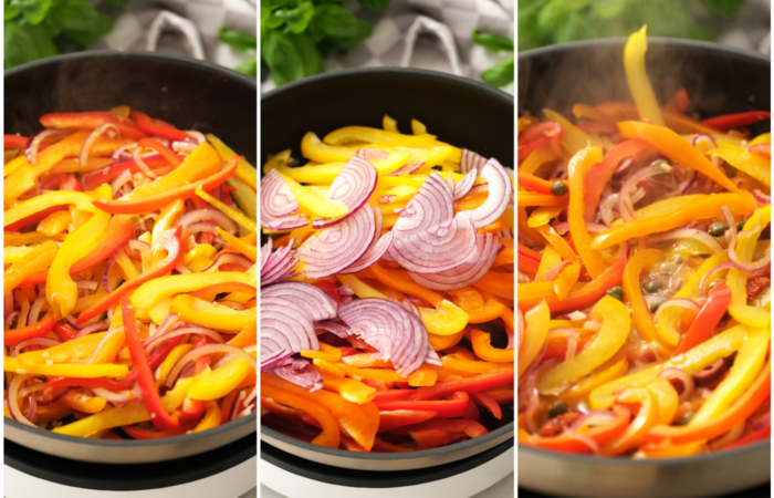 sauting bell peppers and onions