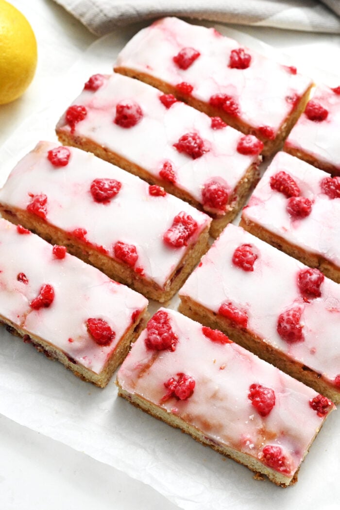 Raspberry Lemon Bars cut into pieces