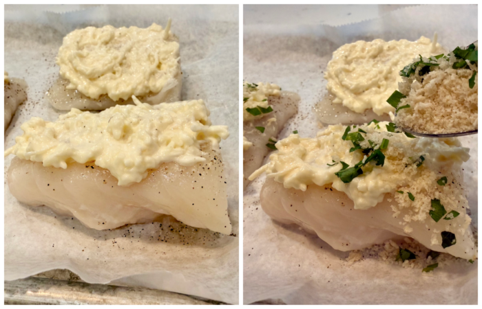 spreading mayo mixture on cod