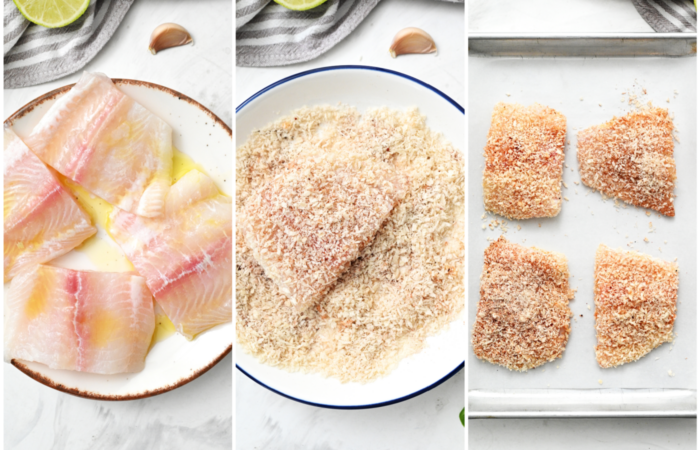 adding panko to coat fresh cod