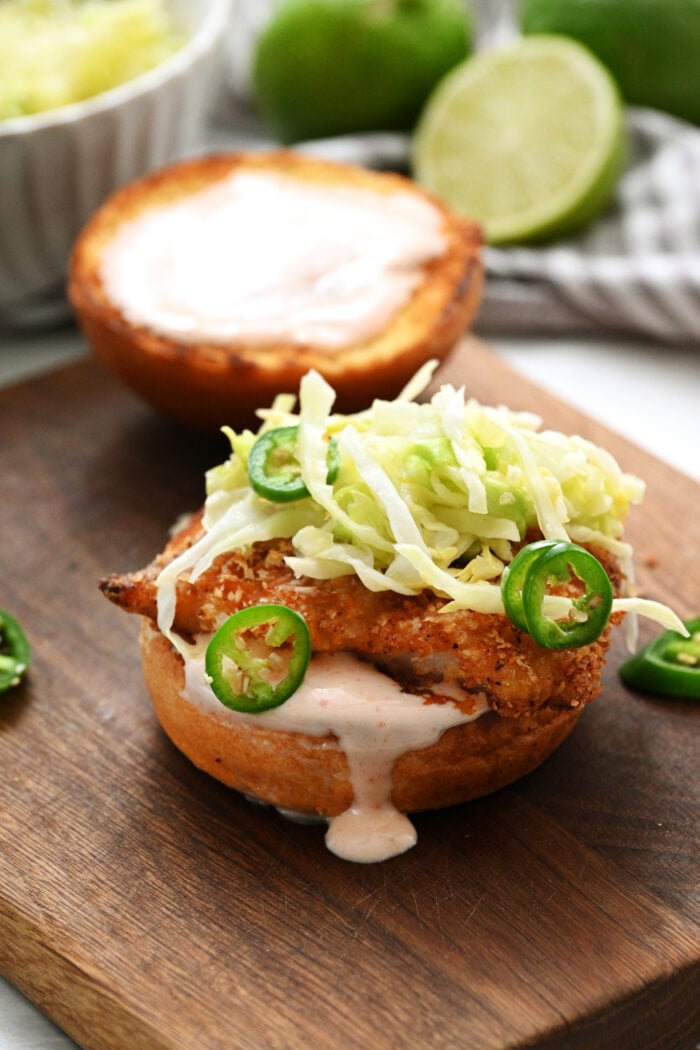 Cod burger with slaw and jalape&ntilde;os