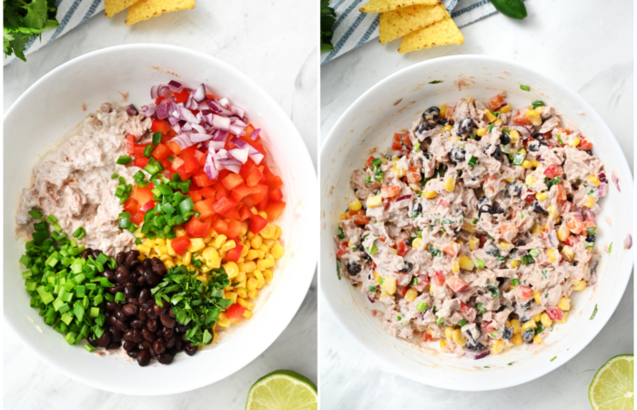 adding beans and veggies to tuna dip