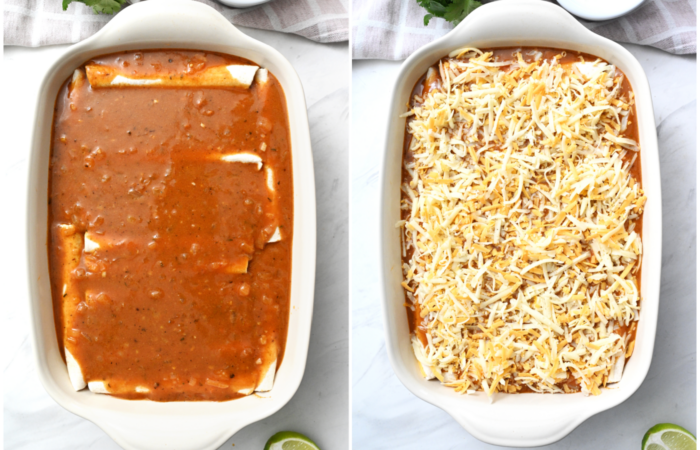 adding red sauce to tortillas