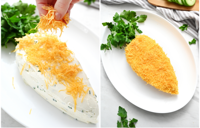 adding shredded cheese to a cheese ball to make an Easter Cheese Ball (carrot)