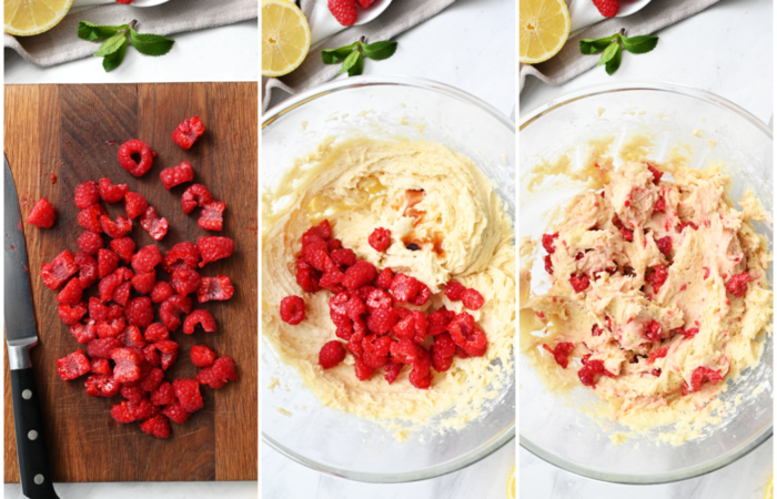 adding raspberries to cake batter