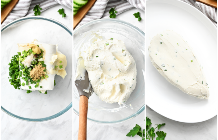 mixing cream cheese with herbs