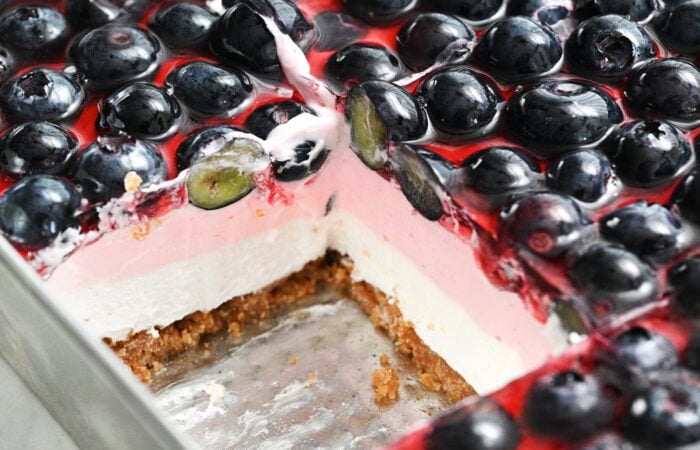 close up layered berry dessert