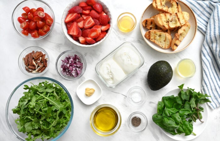 ingredients to make Arugula Burrata Salad (with Honey Lemon Dressing)