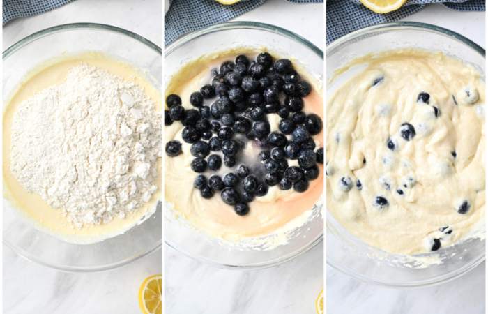 adding fresh blueberries to the batter