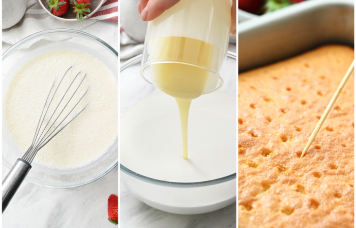 pouring cream on poke cake