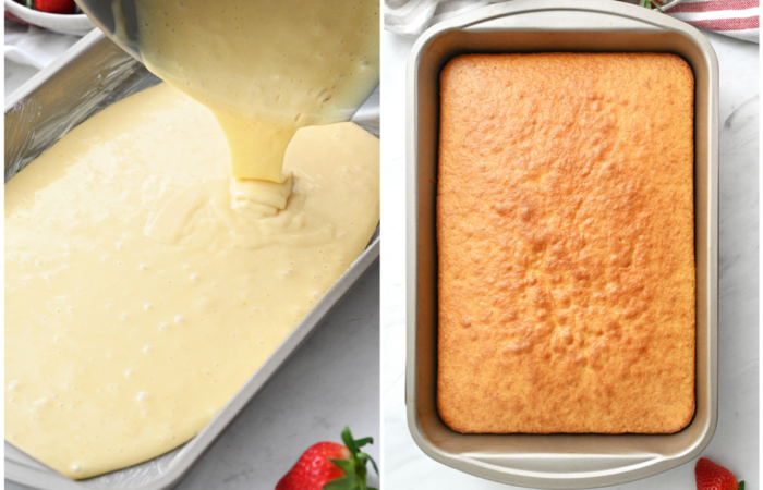 filling cake pan with batter