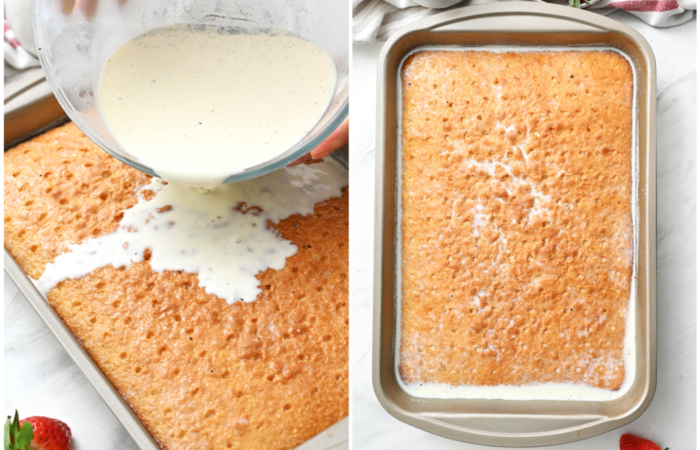 pouring cream over the cake