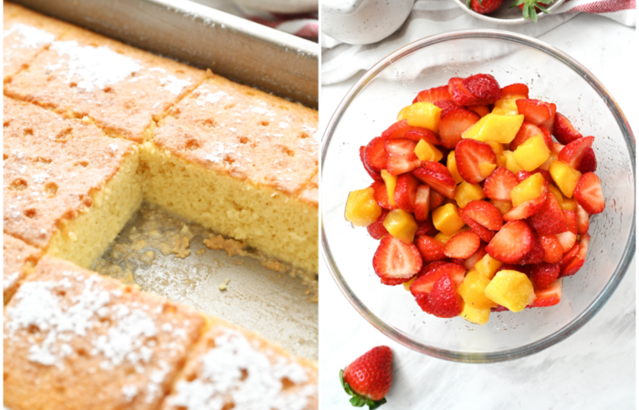 preparing strawberries and mango for cake